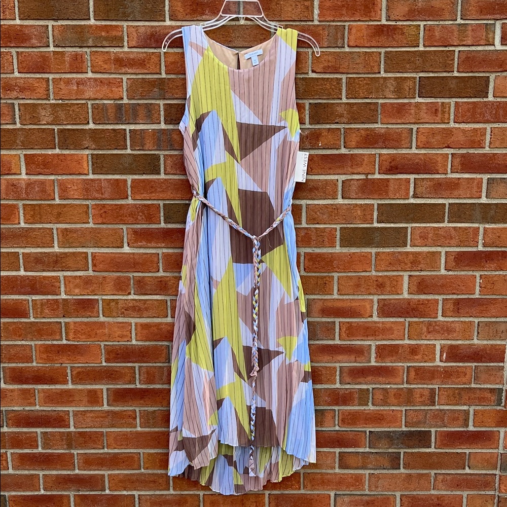 🆕 Nine West Abstract Geo Sleeveless Pleated Midi Dress with Tie size M